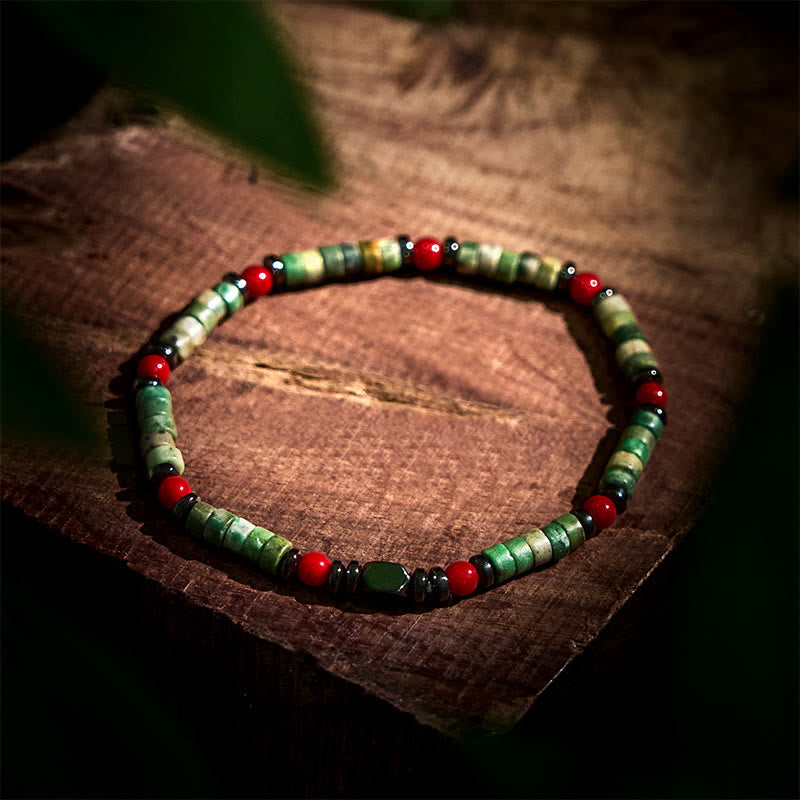 Buddha Stones Natural Green Stone Hematite Red Coral Powerful Bracelet - Green Stone(Wrist Circumference 15-17cm) - image 0