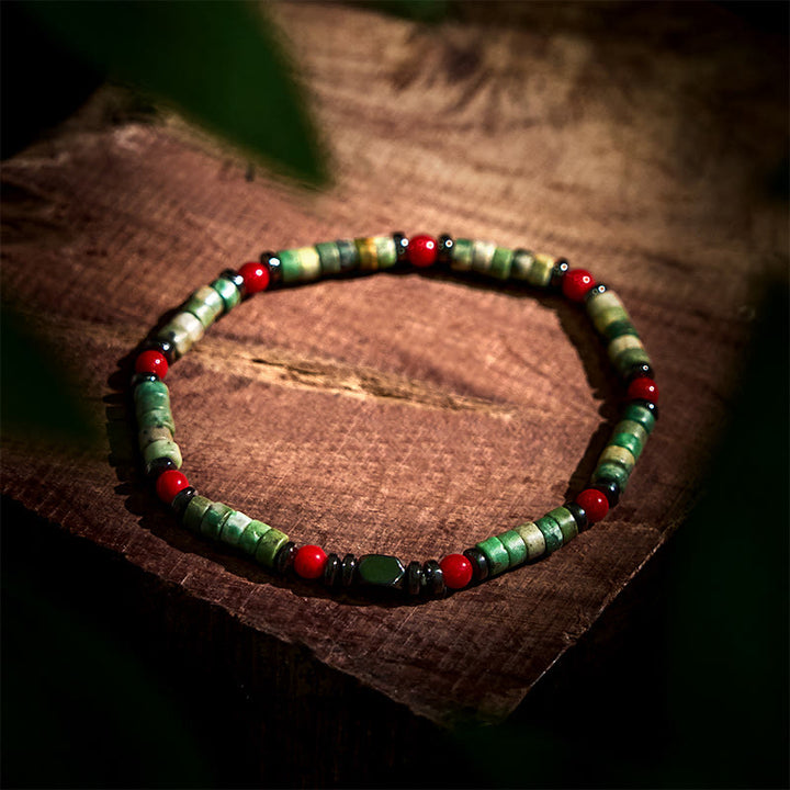Buddha Stones Natural Green Stone Hematite Red Coral Powerful Bracelet - Green Stone(Wrist Circumference 15-17cm) - image 0