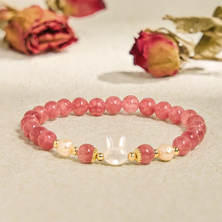 Buddha Stones Strawberry Quartz Pearl Cat Rabbit Healing Bracelet - Strawberry Quartz Rabbit(Wrist Circumference 14-16cm) - image 0