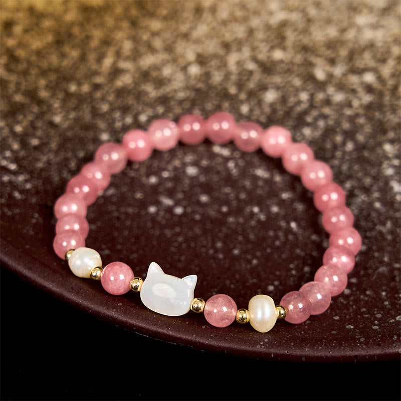 Buddha Stones Strawberry Quartz Pearl Cat Rabbit Healing Bracelet - image 6