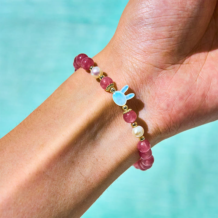 Buddha Stones Strawberry Quartz Pearl Cat Rabbit Healing Bracelet - image 3