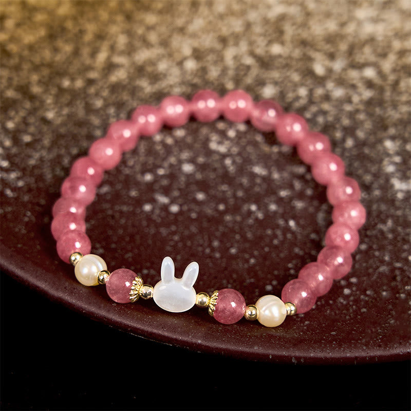 Buddha Stones Strawberry Quartz Pearl Cat Rabbit Healing Bracelet - image 1