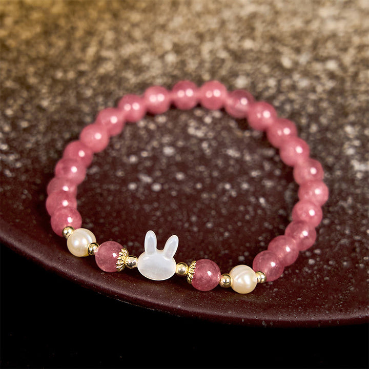 Buddha Stones Strawberry Quartz Pearl Cat Rabbit Healing Bracelet - image 1