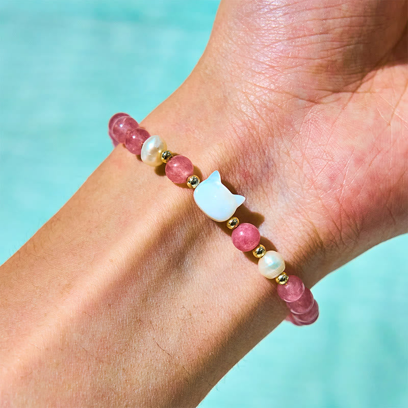 Buddha Stones Strawberry Quartz Pearl Cat Rabbit Healing Bracelet - image 7