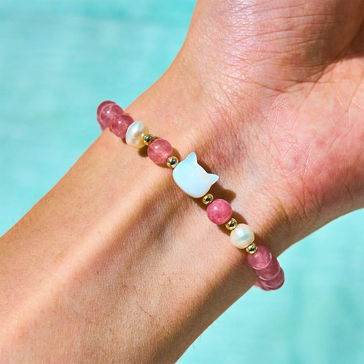 Buddha Stones Strawberry Quartz Pearl Cat Rabbit Healing Bracelet - image 7