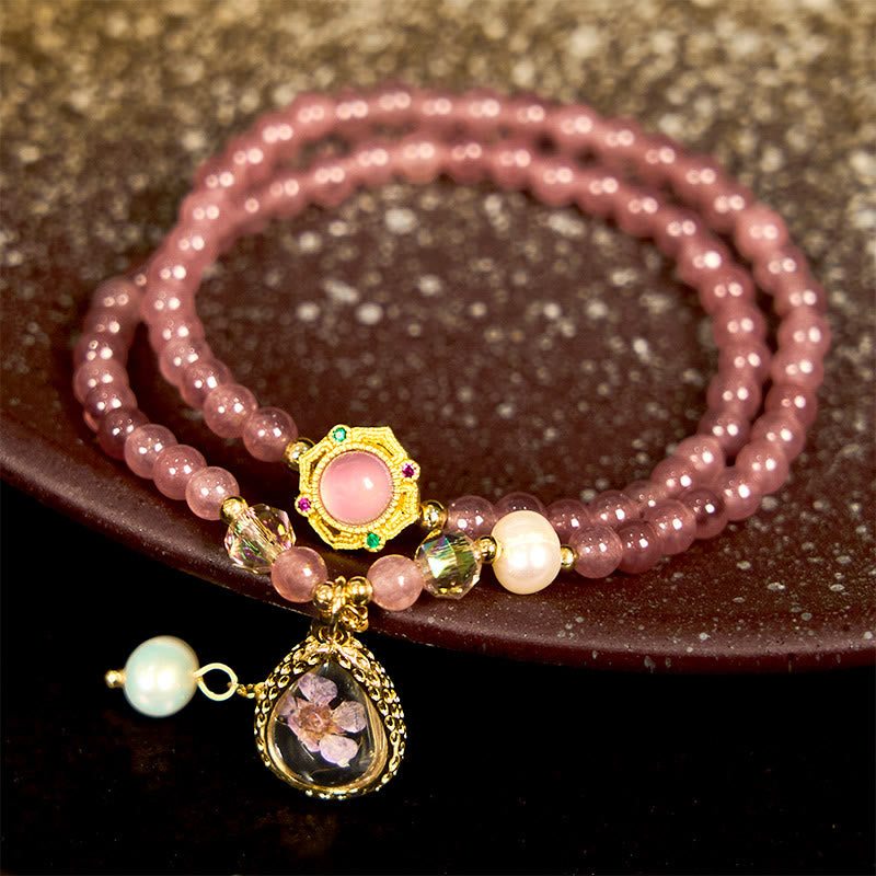 Buddha Stones Natural Strawberry Quartz Pearl Butterfly Water Drop Positive Double Wrap Bracelet - Strawberry Quartz Water Drop(Wrist Circumference 14-16cm) - image 4