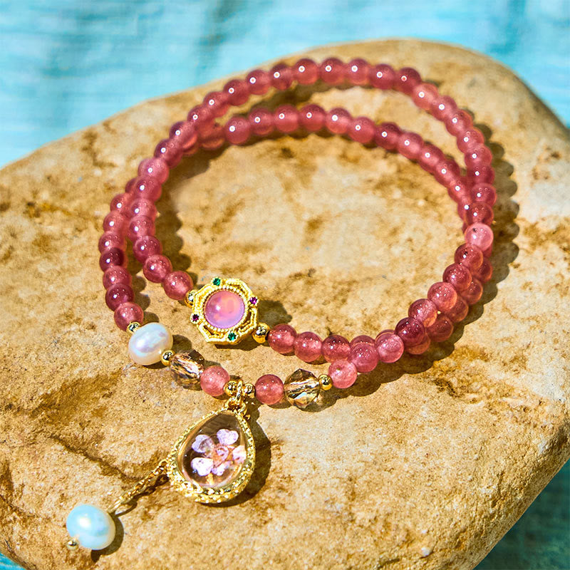 Buddha Stones Natural Strawberry Quartz Pearl Butterfly Water Drop Positive Double Wrap Bracelet - image 7