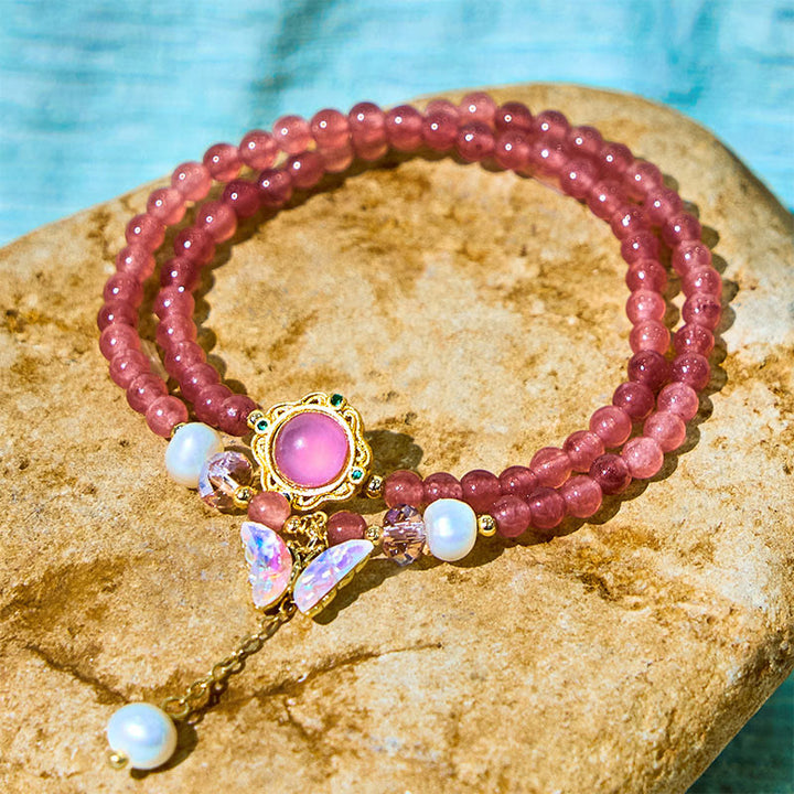 Buddha Stones Natural Strawberry Quartz Pearl Butterfly Water Drop Positive Double Wrap Bracelet - image 3