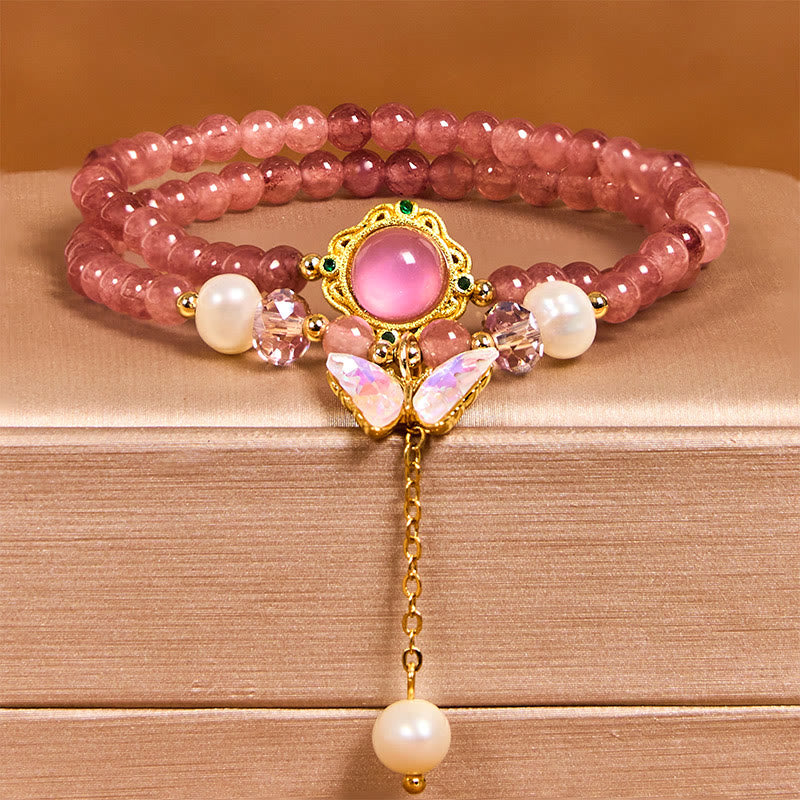 Buddha Stones Natural Strawberry Quartz Pearl Butterfly Water Drop Positive Double Wrap Bracelet - image 1