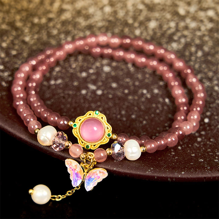 Buddha Stones Natural Strawberry Quartz Pearl Butterfly Water Drop Positive Double Wrap Bracelet - Strawberry Quartz Butterfly(Wrist Circumference 14-16cm) - image 0