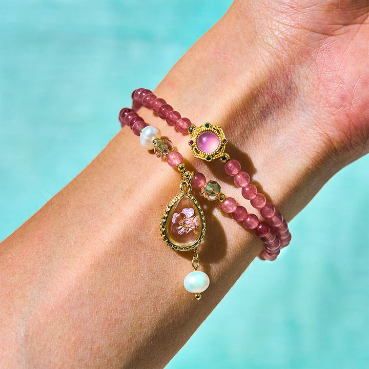 Buddha Stones Natural Strawberry Quartz Pearl Butterfly Water Drop Positive Double Wrap Bracelet - image 6
