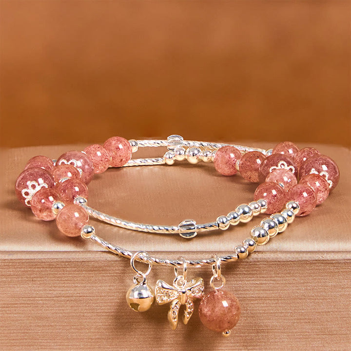 Buddha Stones Natural Strawberry Quartz Bow-knot Rosette Charm Healing Double Wrap Bracelet - image 3