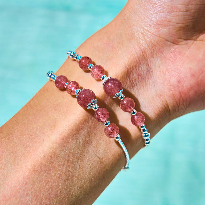 Buddha Stones Natural Strawberry Quartz Bow-knot Rosette Charm Healing Double Wrap Bracelet - image 5