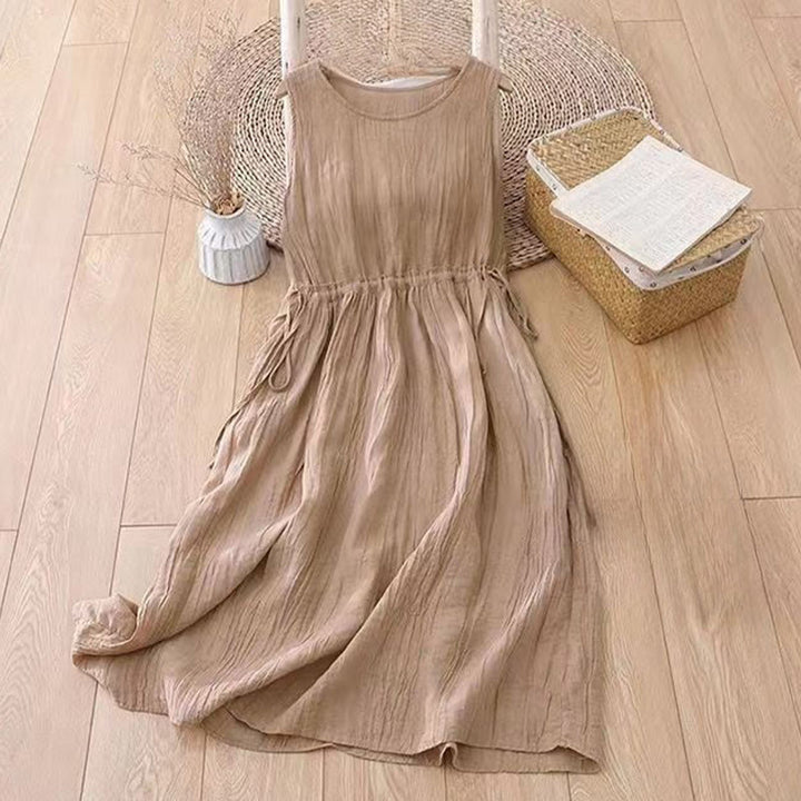 Buddha Stones Casual Plain Handmade Drawstring Waist Midi Dress Sleeveless Dress With Pockets - image 1