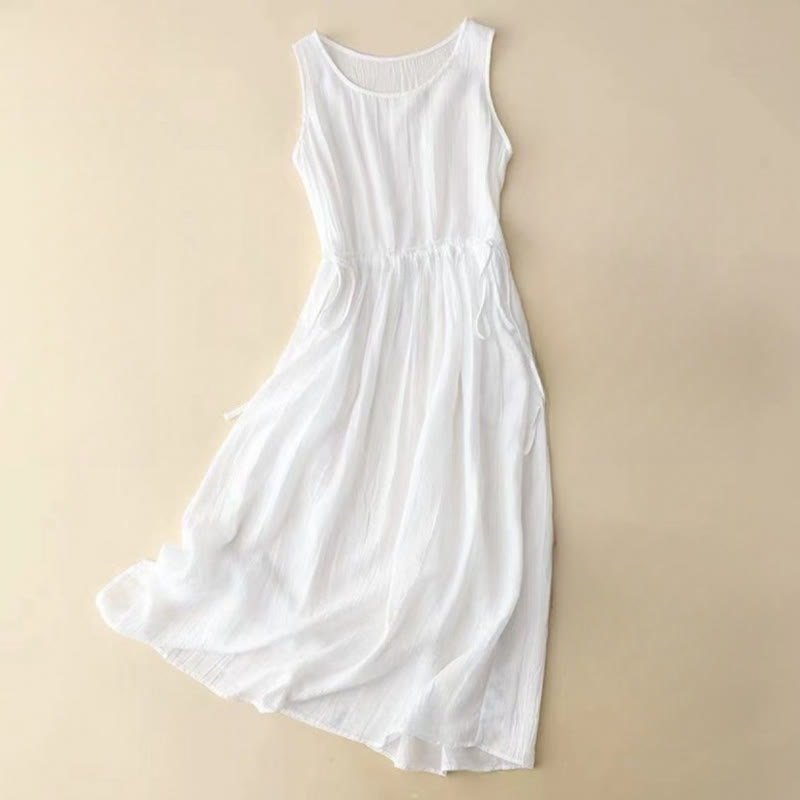 Buddha Stones Casual Plain Handmade Drawstring Waist Midi Dress Sleeveless Dress With Pockets - White - US8-10，UK/AU12-14，EU40-42 (2XL) - image 8