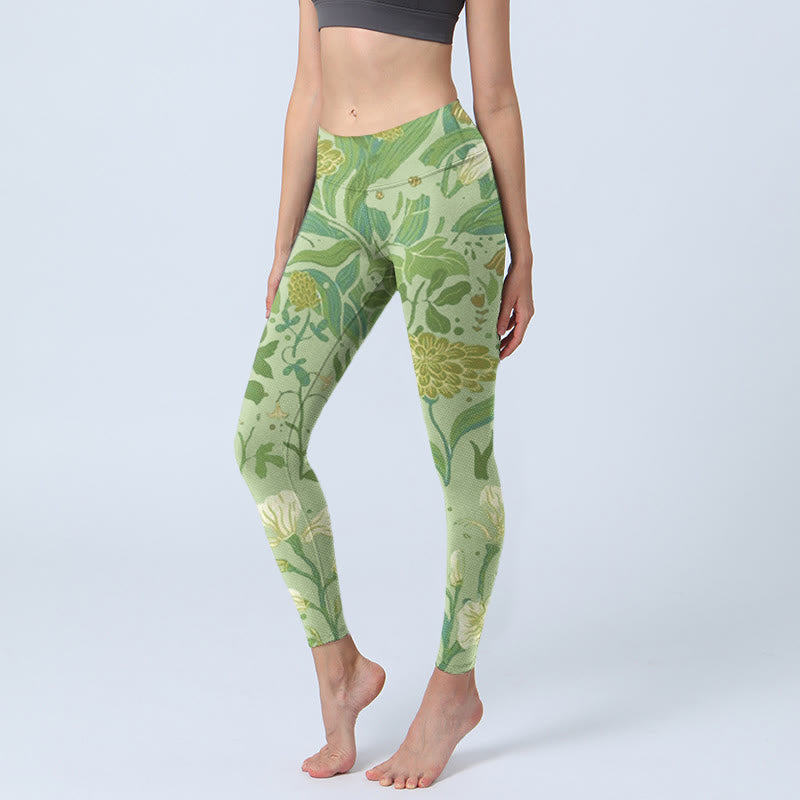 Buddha Stones Various Flower Leaves Pattern Print Gym Leggings Women's Yoga Pants - PaleGreen - US18，UK/AU22，EU50 (4XL) - image 0