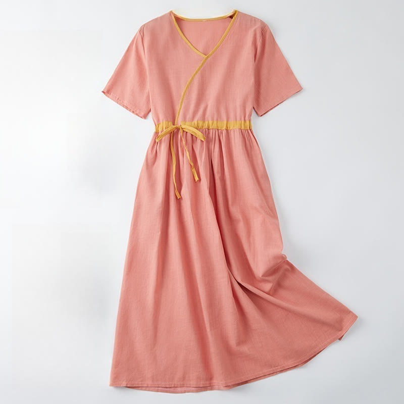 Buddha Stones Summer Casual Stitching Color Lace-up Design V-Neck Short Sleeve Midi Dress - LightCoral - US8-10，UK/AU12-14，EU40-42 (2XL) - image 0