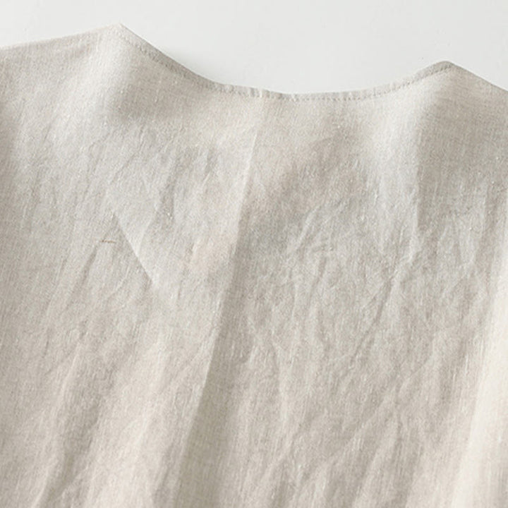 Buddha Stones Summer Casual Plain Design V-Neck Short Sleeve Cotton Linen Midi Dress With Pockets - image 3