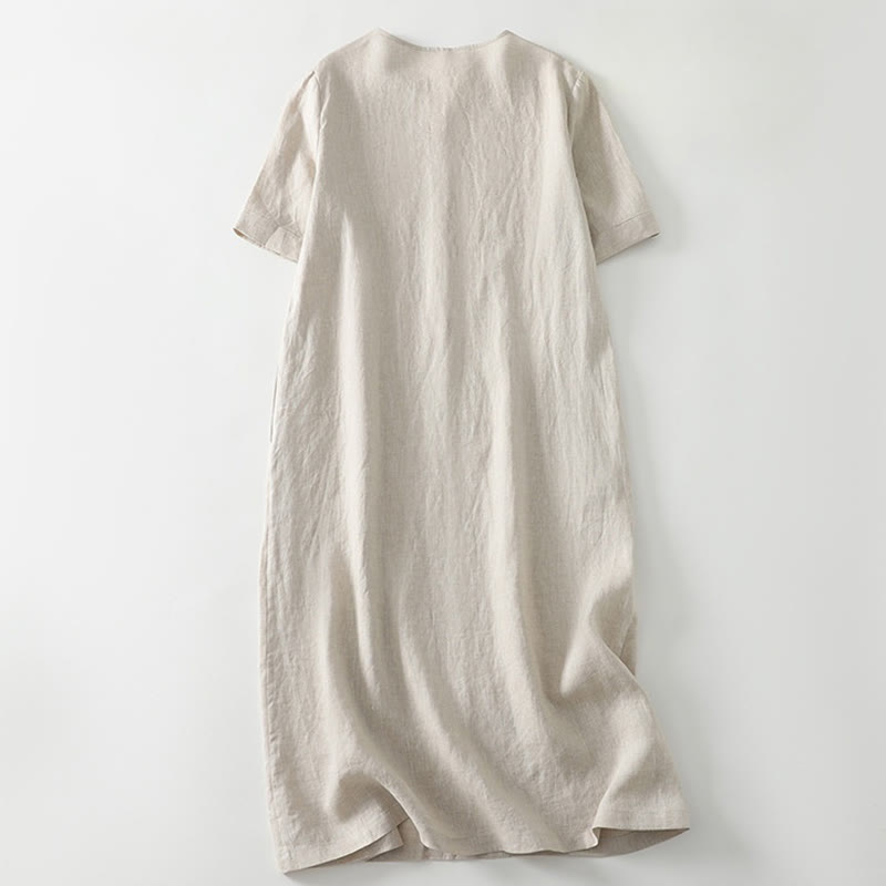 Buddha Stones Summer Casual Plain Design V-Neck Short Sleeve Cotton Linen Midi Dress With Pockets - image 1