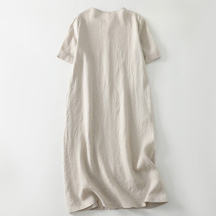 Buddha Stones Summer Casual Plain Design V-Neck Short Sleeve Cotton Linen Midi Dress With Pockets - image 1