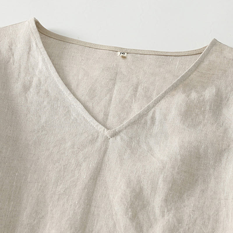 Buddha Stones Summer Casual Plain Design V-Neck Short Sleeve Cotton Linen Midi Dress With Pockets - image 2