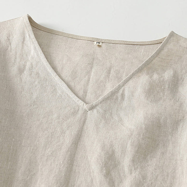 Buddha Stones Summer Casual Plain Design V-Neck Short Sleeve Cotton Linen Midi Dress With Pockets - image 2