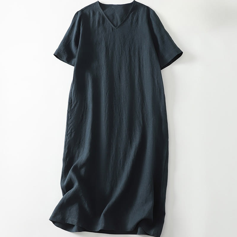 Buddha Stones Summer Casual Plain Design V-Neck Short Sleeve Cotton Linen Midi Dress With Pockets - MidnightBlue - US8-10，UK/AU12-14，EU40-42 (2XL) - image 9