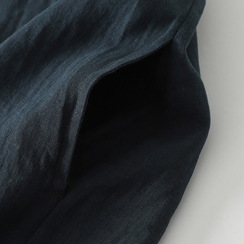 Buddha Stones Summer Casual Plain Design V-Neck Short Sleeve Cotton Linen Midi Dress With Pockets - image 13