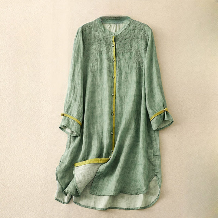 Buddha Stones Summer Casual Embroidered Stand Collar Design Three Quarter Sleeve Midi Dress - MediumSeaGreen - US8-10，UK/AU12-14，EU40-42 (2XL) - image 0