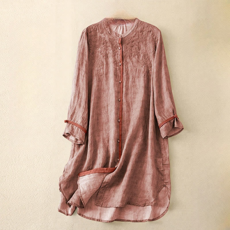 Buddha Stones Summer Casual Embroidered Stand Collar Design Three Quarter Sleeve Acrylic Midi Dress - LightCoral - US8-10，UK/AU12-14，EU40-42 (2XL) - image 6