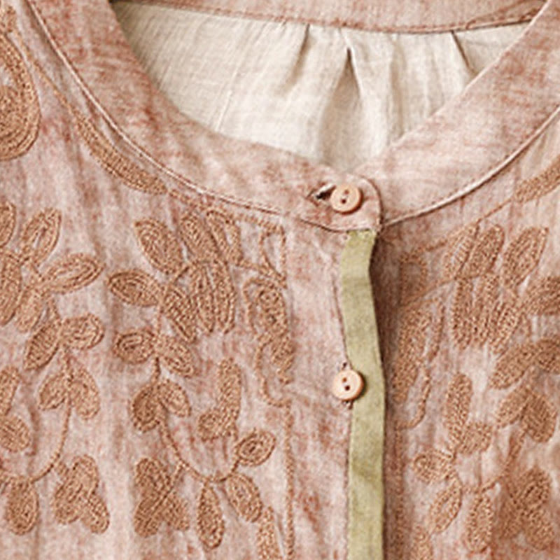 Buddha Stones Summer Casual Embroidered Stand Collar Design Three Quarter Sleeve Acrylic Midi Dress - image 20