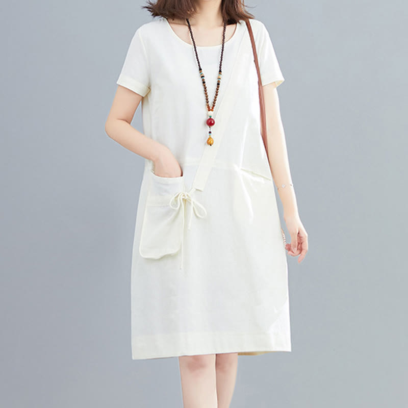 Buddha Stones Summer Casual Plain Lace-Up Design Crew Neck Short Sleeve Cotton Linen Midi Dress With Pockets - White - US8-10，UK/AU12-14，EU40-42 (2XL) - image 0