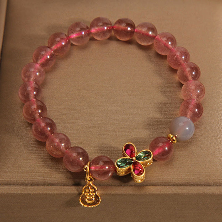 Buddha Stones Strawberry Quartz Four-leaf Clover Lucky Gourd Healing Bracelet - image 2