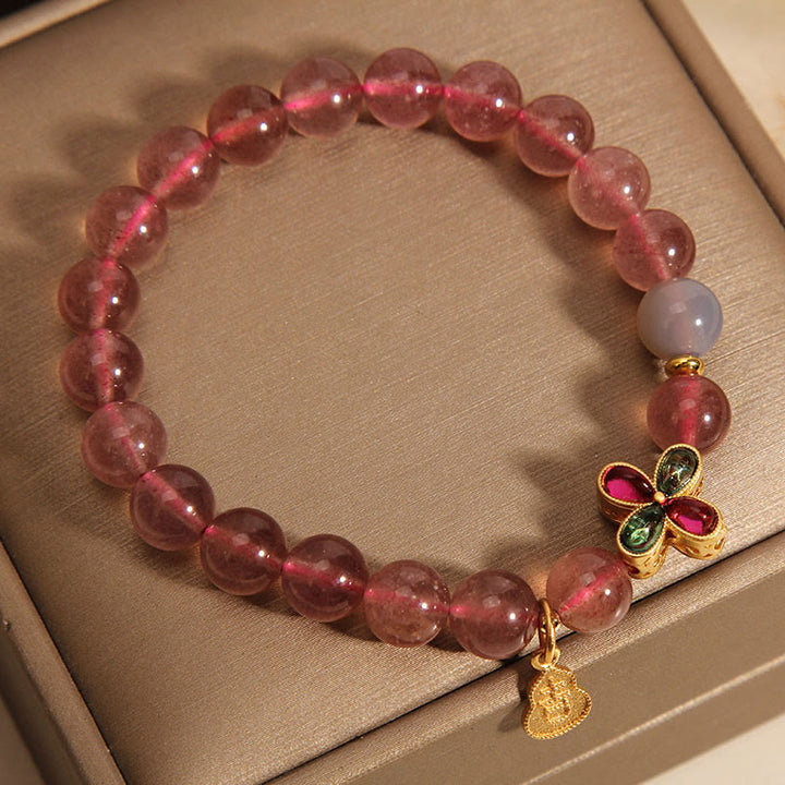 Buddha Stones Strawberry Quartz Four-leaf Clover Lucky Gourd Healing Bracelet - image 3