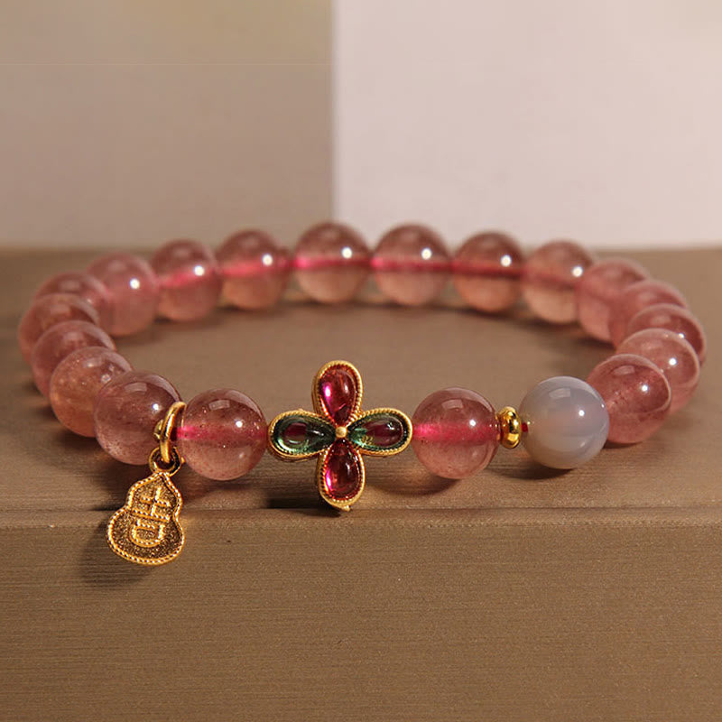 Buddha Stones Strawberry Quartz Four-leaf Clover Lucky Gourd Healing Bracelet - Strawberry Quartz (Wrist Circumference 15-17cm) - image 0