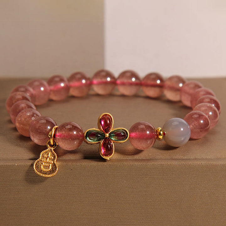 Buddha Stones Strawberry Quartz Four-leaf Clover Lucky Gourd Healing Bracelet - Strawberry Quartz (Wrist Circumference 15-17cm) - image 0