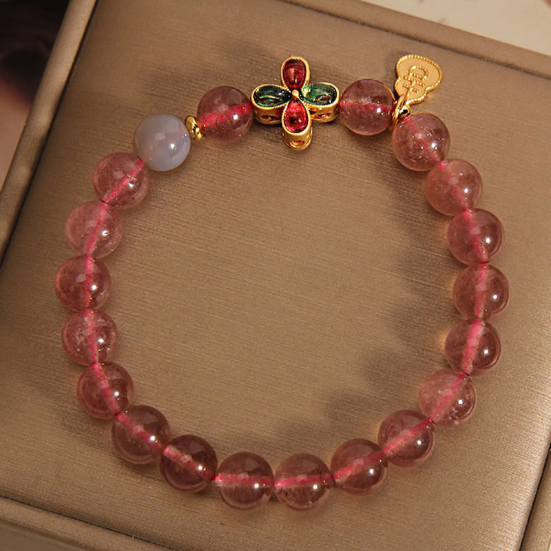 Buddha Stones Strawberry Quartz Four-leaf Clover Lucky Gourd Healing Bracelet - image 4