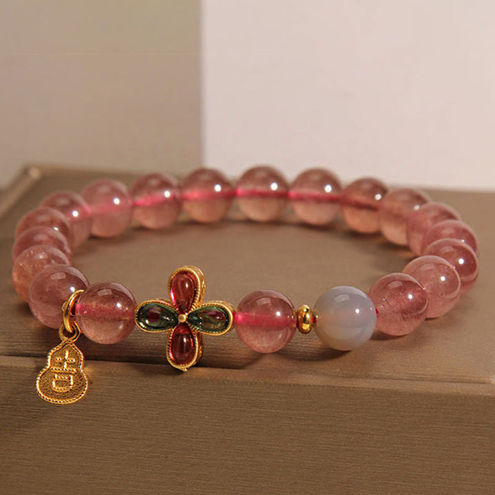 Buddha Stones Strawberry Quartz Four-leaf Clover Lucky Gourd Healing Bracelet - image 6