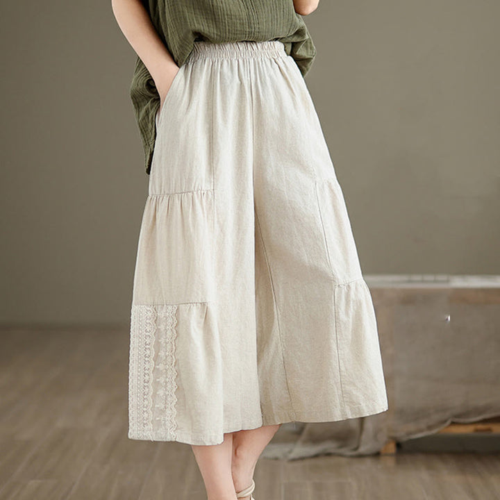 Buddha Stones Casual Plain Lace Splicing Cotton Linen Women's Cropped Wide Leg Pants With Pockets - image 5