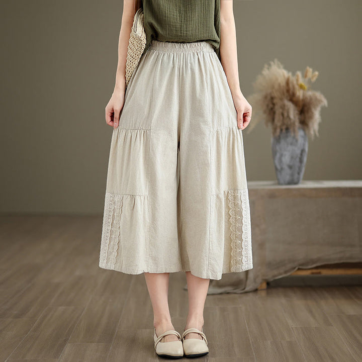 Buddha Stones Casual Plain Lace Splicing Cotton Linen Women's Cropped Wide Leg Pants With Pockets - image 3