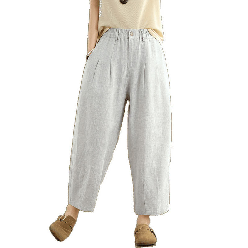 Buddha Stones Casual Summer Solid Color High Waist Women's Cotton Linen Harem Pants With Pockets - image 8