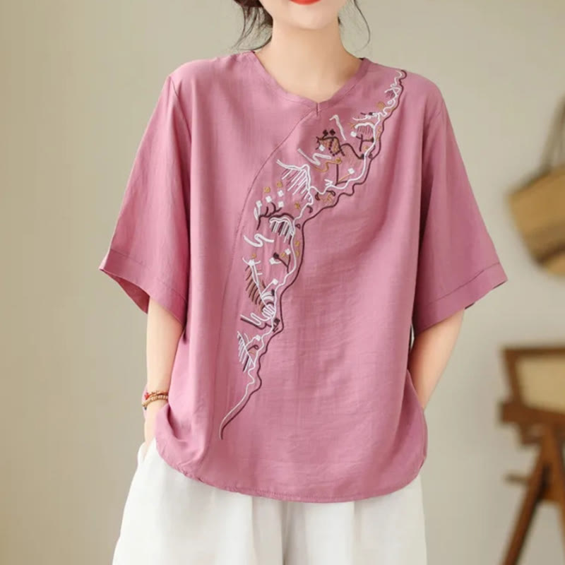 Buddha Stones Ethnic Casual Embroidered Geometry Pattern Women's Crew Neck Design Half Sleeve T-Shirt - HotPink - US14，UK/AU18，EU46 (4XL) - image 2