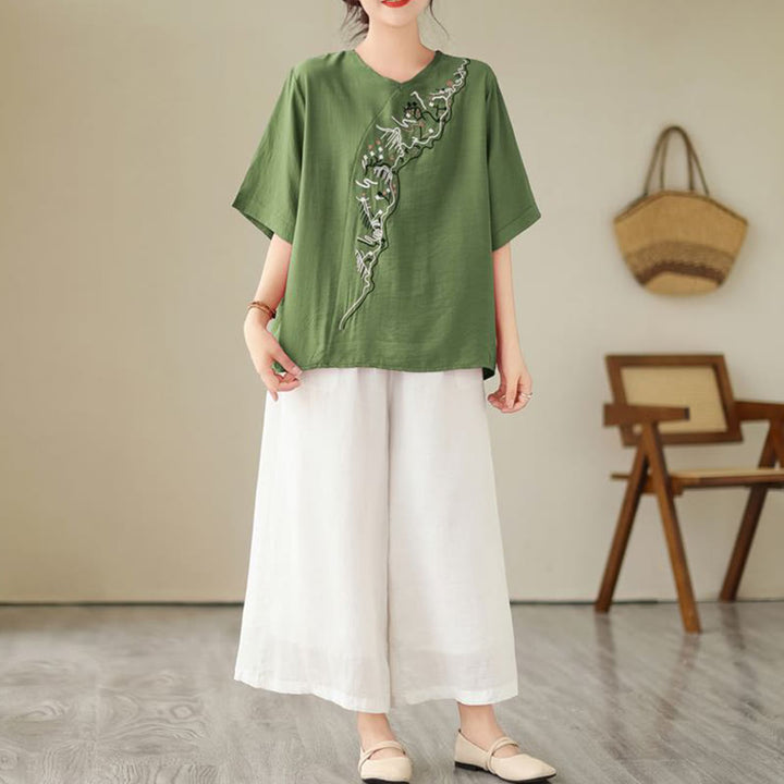 Buddha Stones Ethnic Casual Embroidered Geometry Pattern Women's Crew Neck Design Half Sleeve T-Shirt - image 1