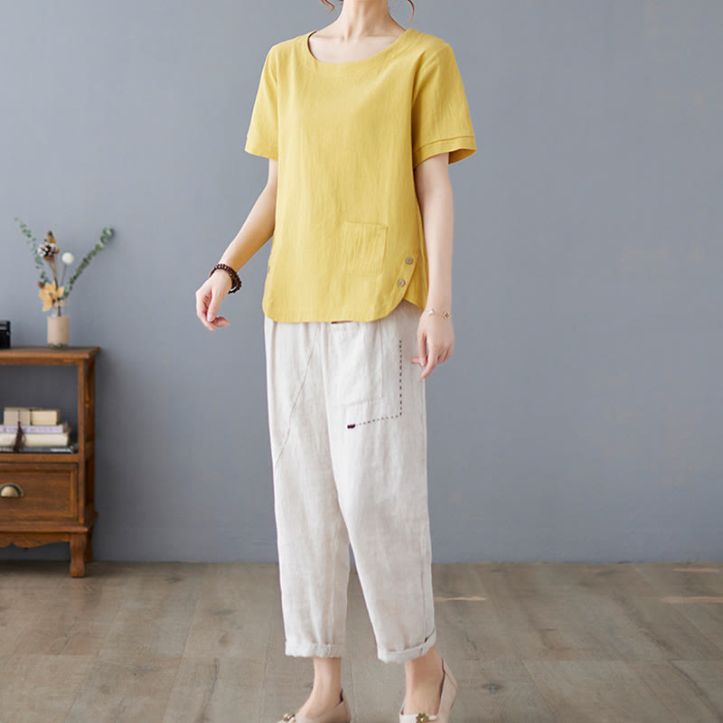 Buddha Stones Side Slit Design Women's Cotton Polyester Crew Neck Short Sleeve T-Shirt Wtih Pocket - image 5