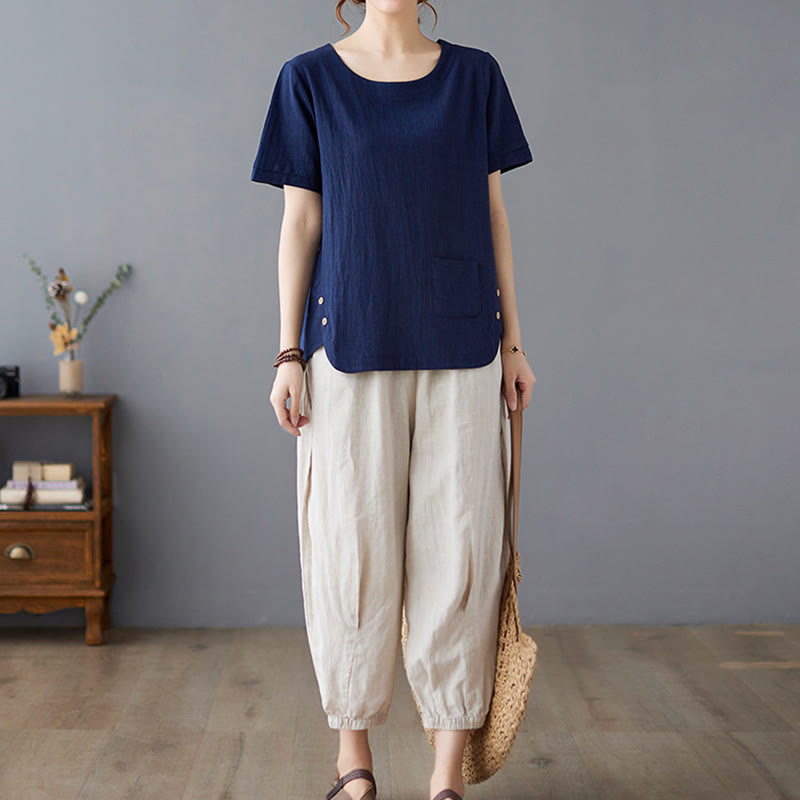 Buddha Stones Side Slit Design Women's Cotton Polyester Crew Neck Short Sleeve T-Shirt Wtih Pocket - image 24