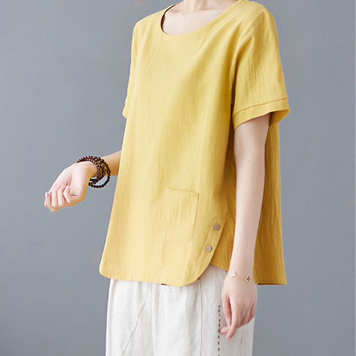 Buddha Stones Side Slit Design Women's Cotton Polyester Crew Neck Short Sleeve T-Shirt Wtih Pocket - image 2