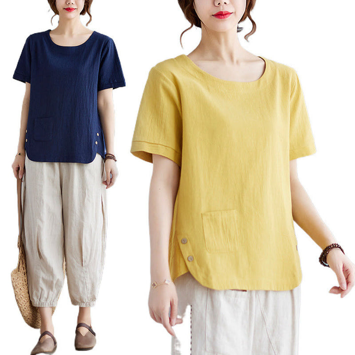 Buddha Stones Side Slit Design Women's Cotton Polyester Crew Neck Short Sleeve T-Shirt Wtih Pocket - image 13