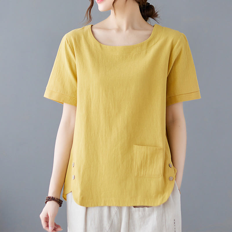 Buddha Stones Side Slit Design Women's Cotton Polyester Crew Neck Short Sleeve T-Shirt Wtih Pocket - Yellow - US14，UK/AU18，EU46 (4XL) - image 0