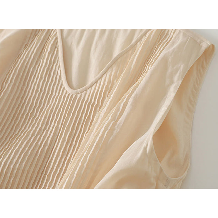 Buddha Stones Solid Color Accordion Design Sleeveless Cotton Midi Dress With Pockets - image 12