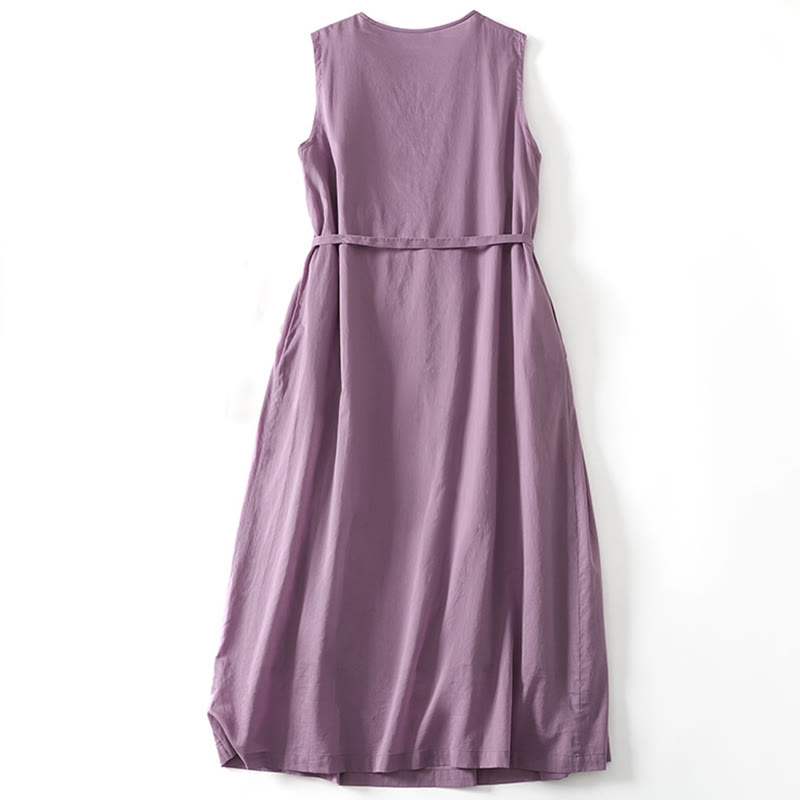 Buddha Stones Solid Color Accordion Design Sleeveless Cotton Midi Dress With Pockets - image 1